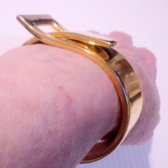 Gold Tone Hinged Modernist Bangle Bracelet - Picture 6 of 6